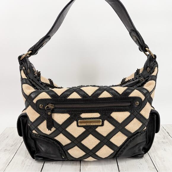 Vintage Isabella Fiore Women’s Black and Tan Leather Fabric Lattice Shoulder Bag - Picture 1 of 14